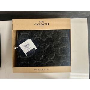 Coach Metallic Signature C Beanie & Scarf Set- Black Silver Knit Hat NWT